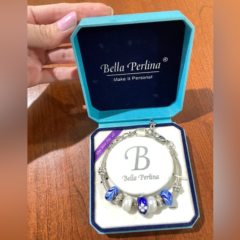 bella Perlina Silver and Blue Beaded Charm Bracelet